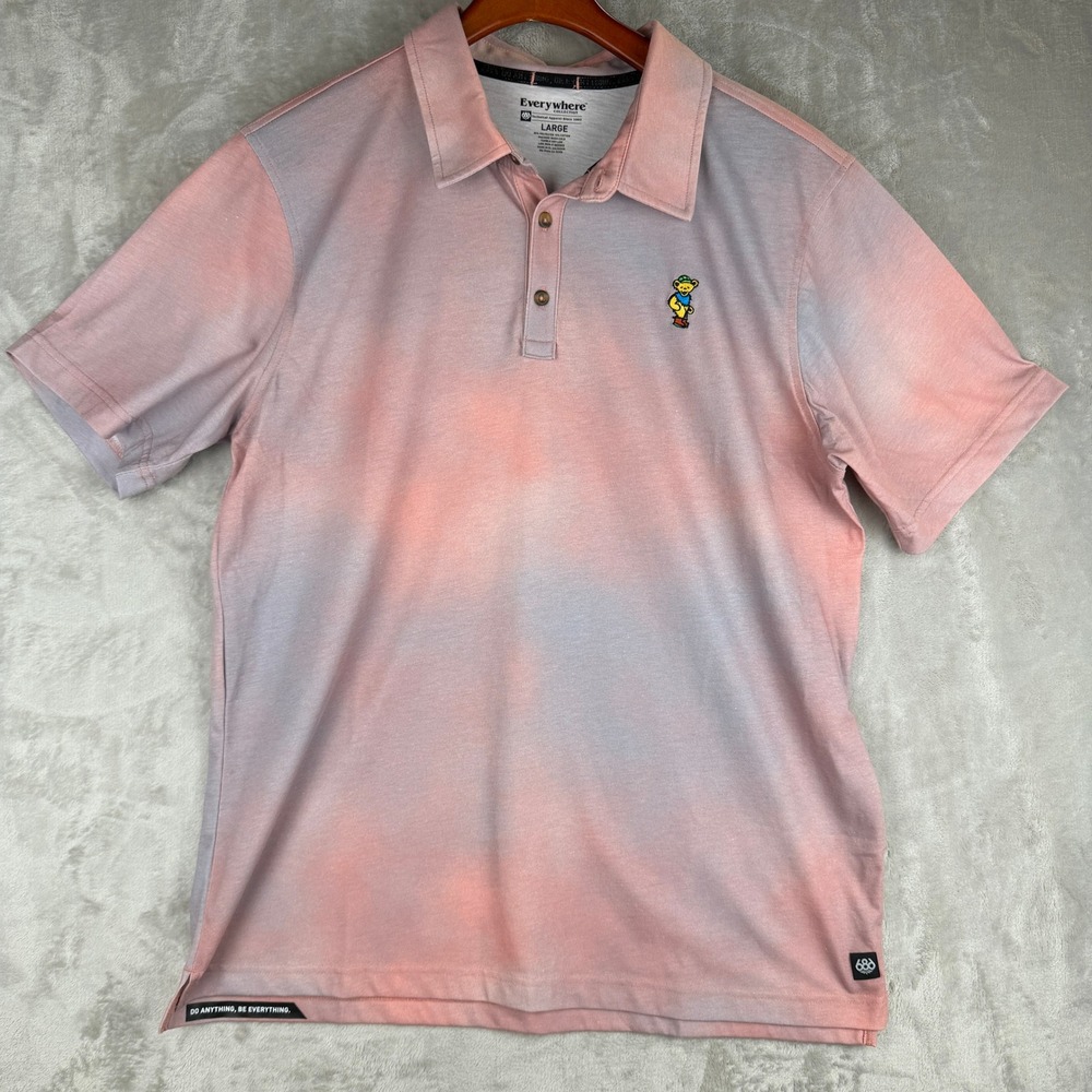 686 Everywhere Collection Mens Large Tie Dye Polo Shirt Dancing Bear Pink Grey‎ - Picture 3 of 6